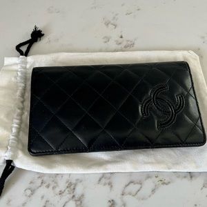 CHANEL Bi Fold Wallet Black Leather Quilted